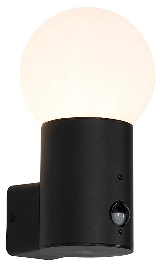Vonkajšia nástenná lampa čierna s opálovým sklom s pohybovým senzorom - Huma