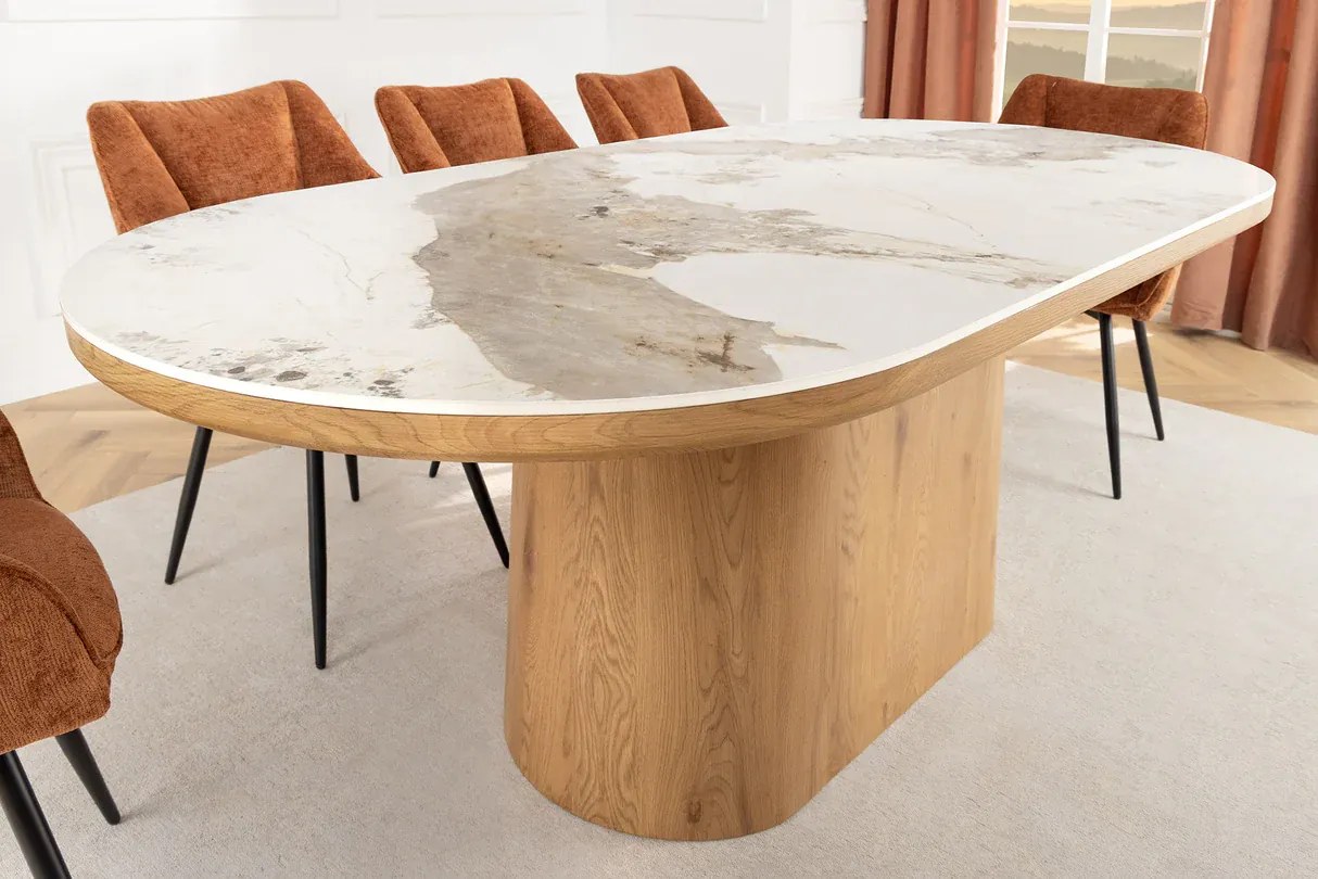 Jedálenský stôl UNIQUE 200 cm oválny rám z dubového dreva s dyhovanou keramikou a doskou z bieleho mramoru