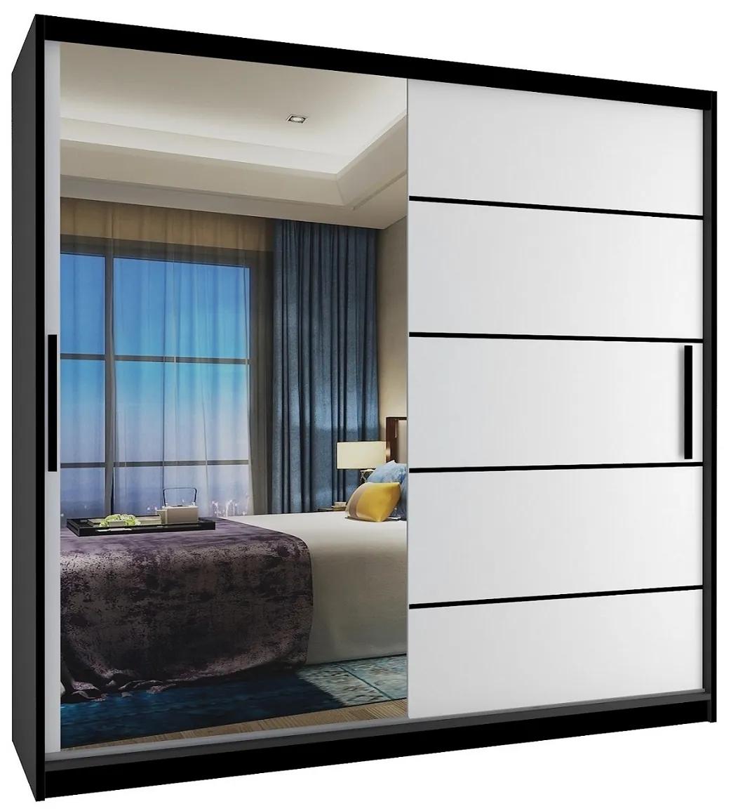 Šatníková skriňa 200 cm Belini čierny mat / biely mat s posuvnými dverami a zrkadlom MZ SZP1/2/B/W/0/BL