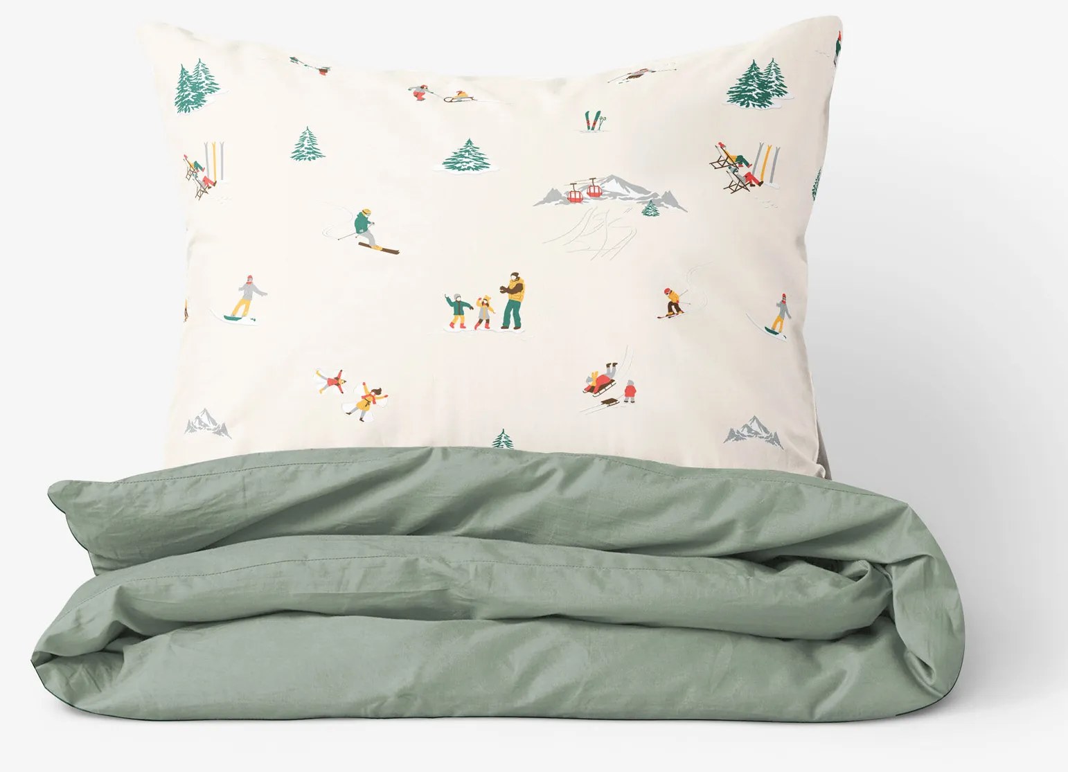 Goldea vianočné bavlnené posteľné obliečky duo - zimné radovánky so šalviovo zelenou 140 x 200 a 70 x 90 cm