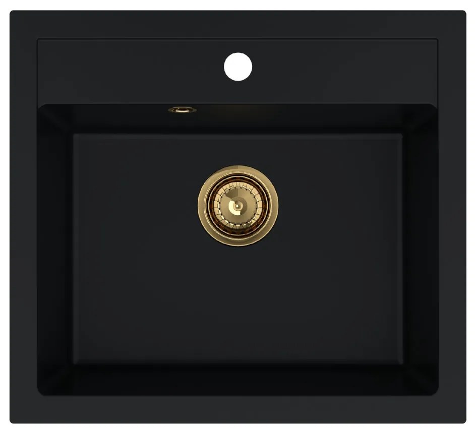 Sink Quality Ferrum, kuchynský granitový drez 565x510x205 mm + zlatý sifón, čierna, SKQ-FER.C.1K60.XG