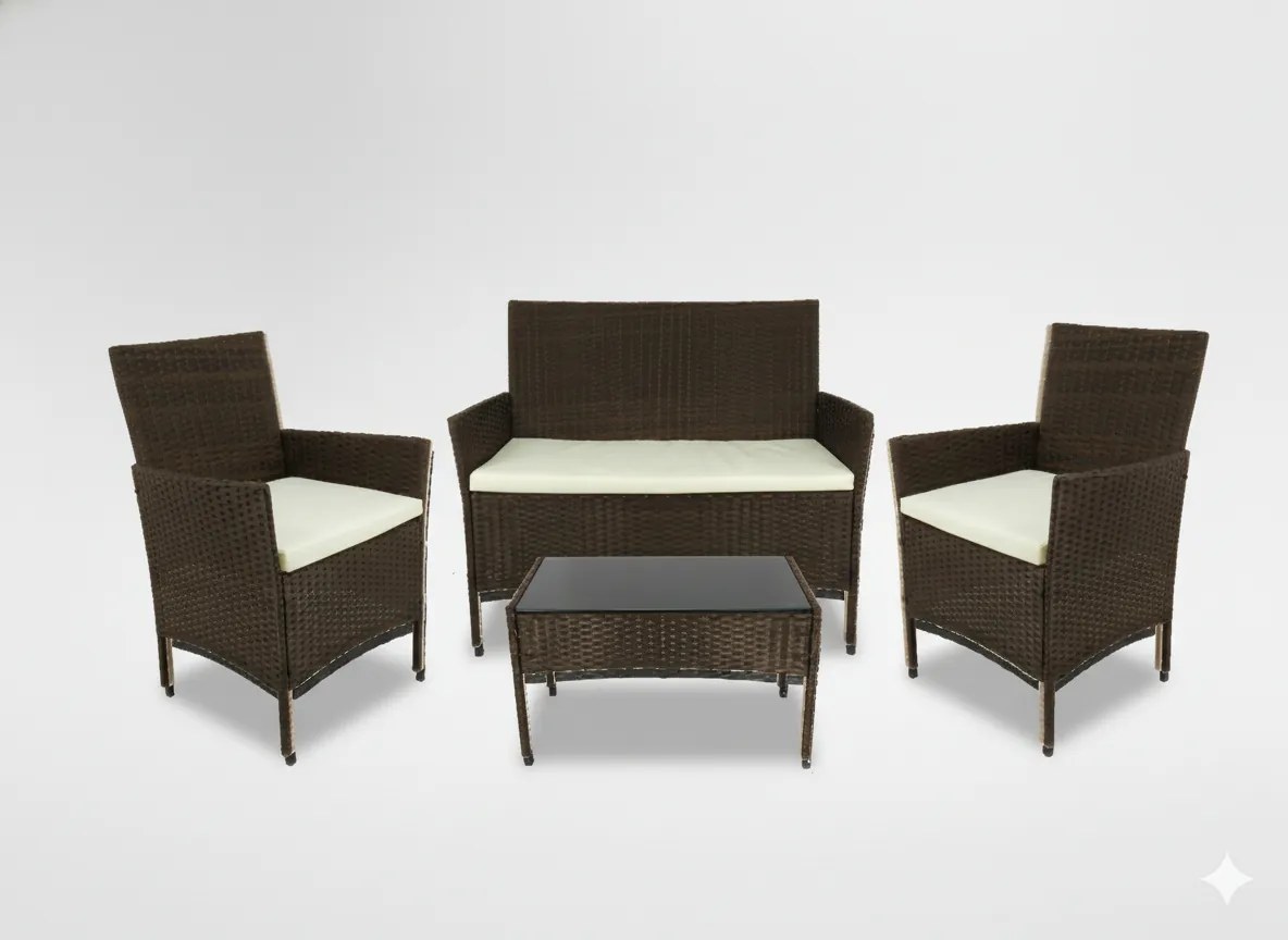 Garden Line SÚPRAVA RATANOVÉHO NÁBYTKU (SOFA, 2 KRESLÁ, LAVICA) HNEDÁ + KRÉMOVÁ. POD. *1408