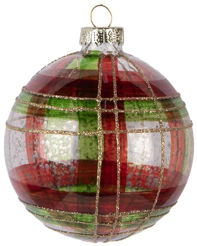 Červenozelená károvaná sklenená ozdoba gule - Ø 8*8 cm