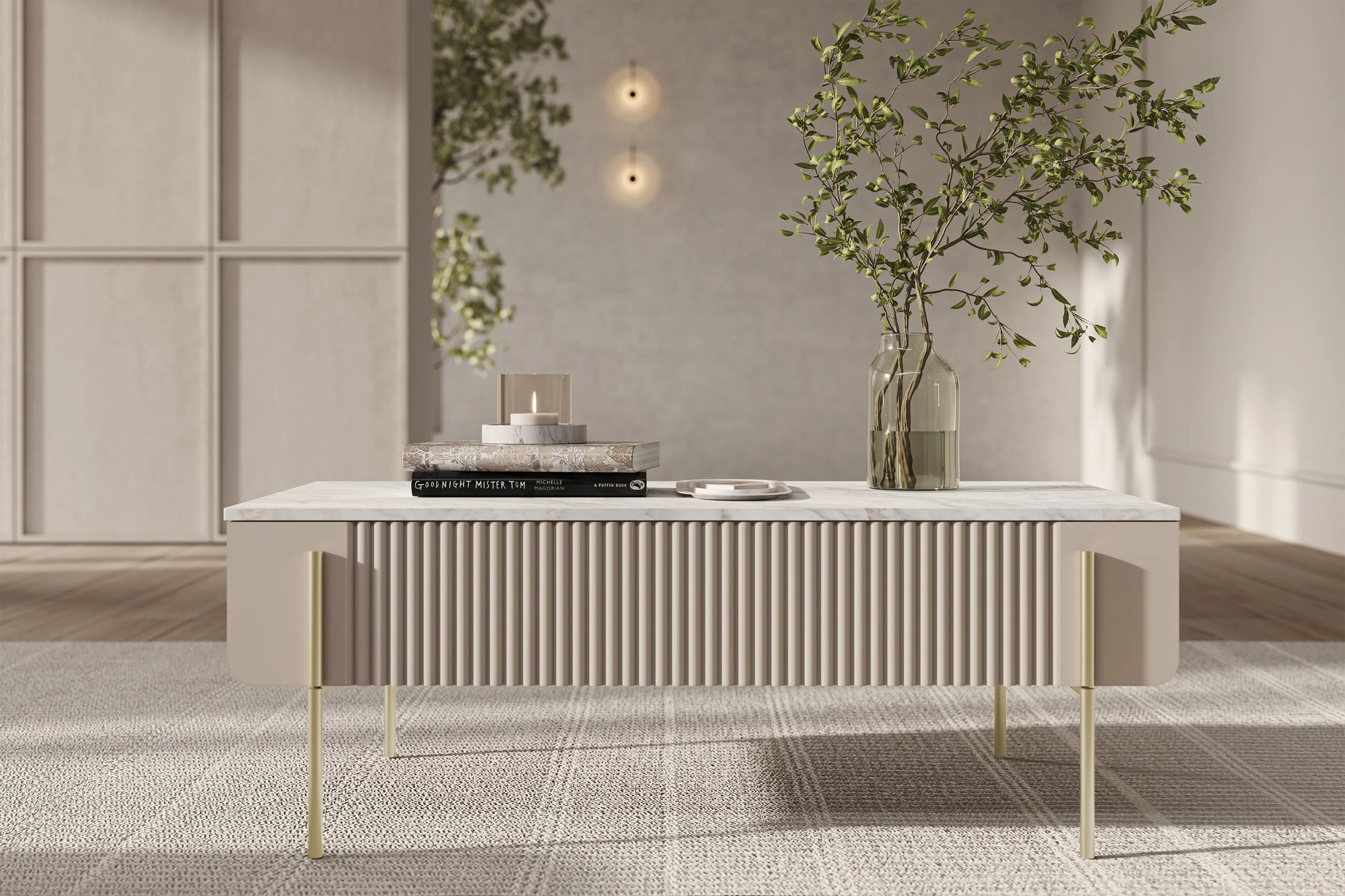 Konferenčný stolík Malmi 100 cm - kašmírová / crema bianca / zlatá