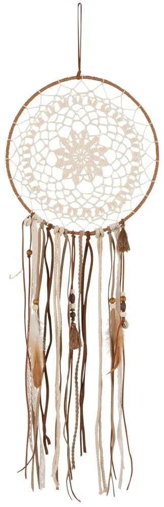 Hnedý lapač snov s korálkami a pierkami Boho - Ø 25*78cm