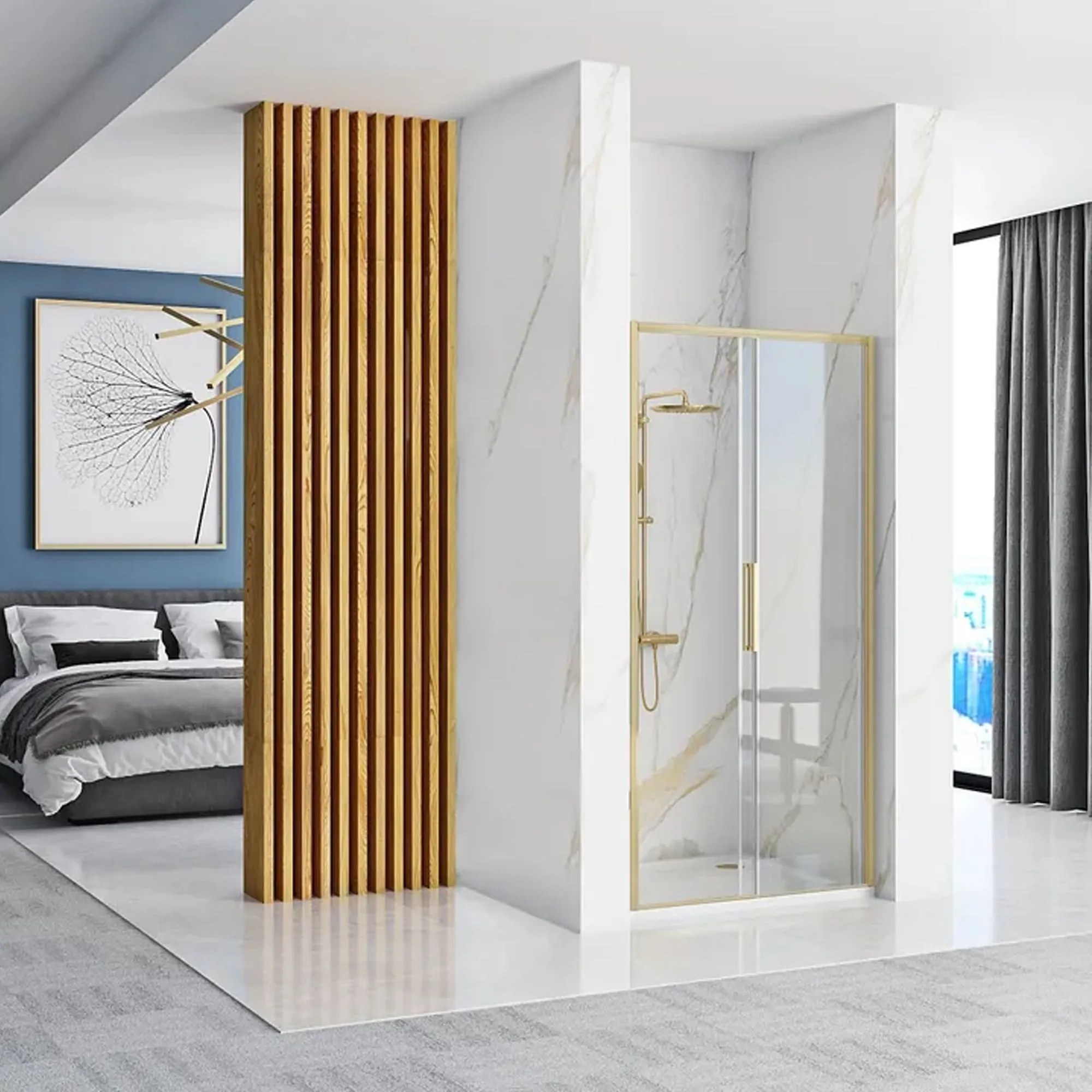 Rea Rapid Slide, posuvné sprchové dvere 1200 x 1950 mm, 6mm číre sklo, zlatý matný profil, REA-K4709