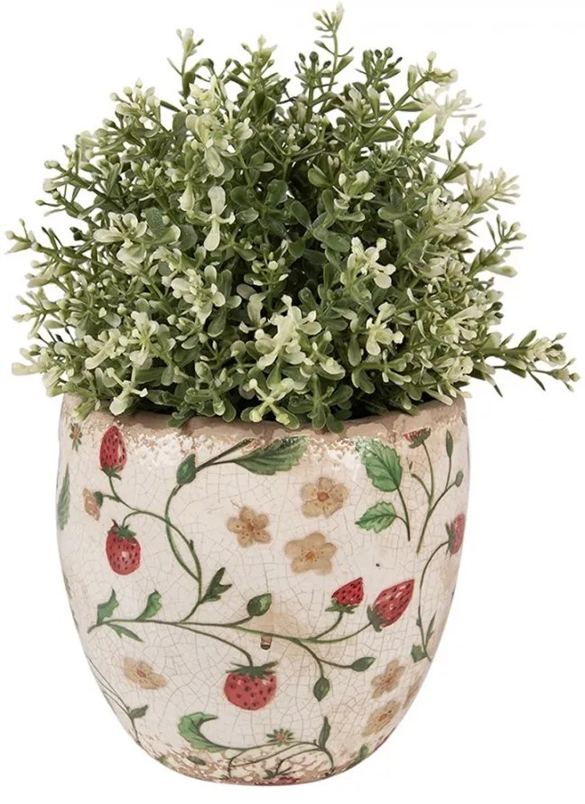 Béžový keramický obal na kvetináč s jahôdkami Wild Strawberries L - Ø 14*14 cm