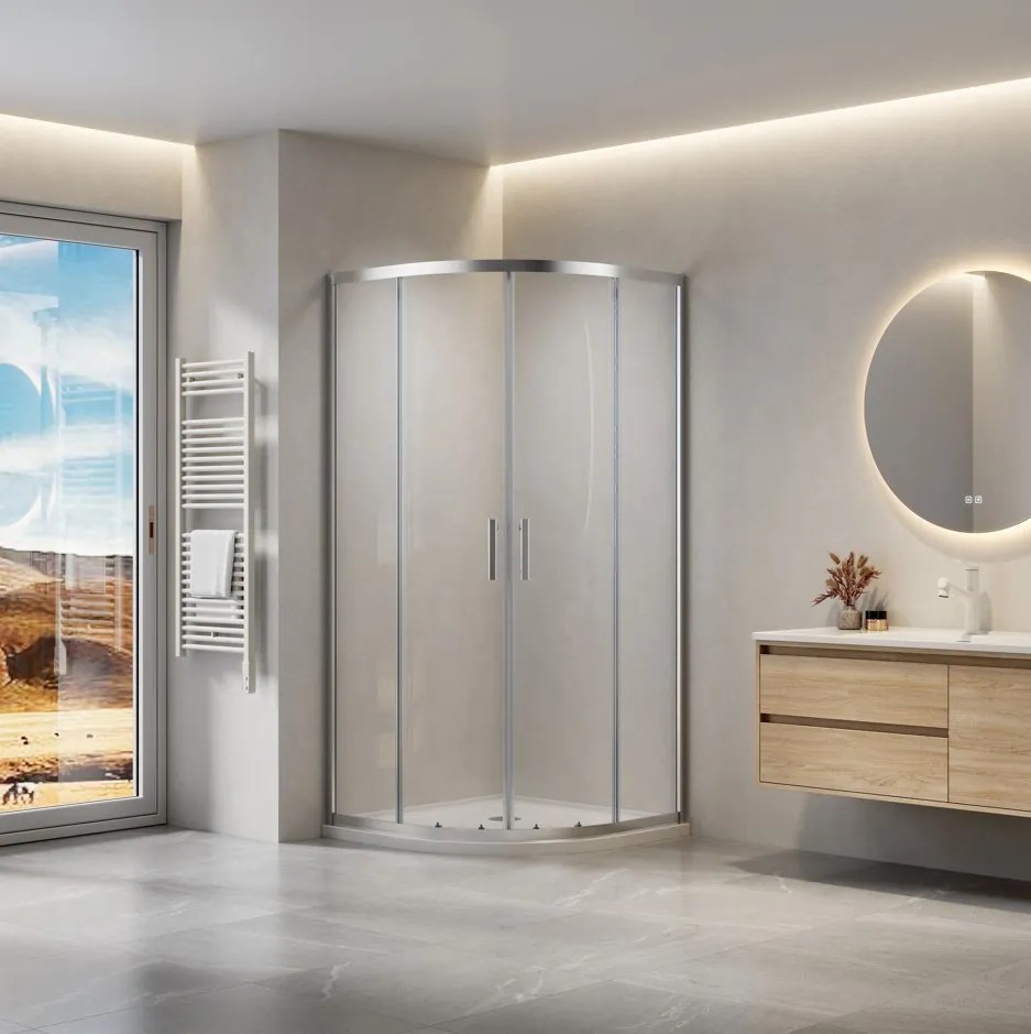 Erga Peoria, štvrťkruhový sprchový kút s posuvnými dverami 100(dvere) x 100(stena) x 190 cm, 6mm číre sklo, chrómový profil, ERG-Q02-PEORIA-D100D100-CL-CR