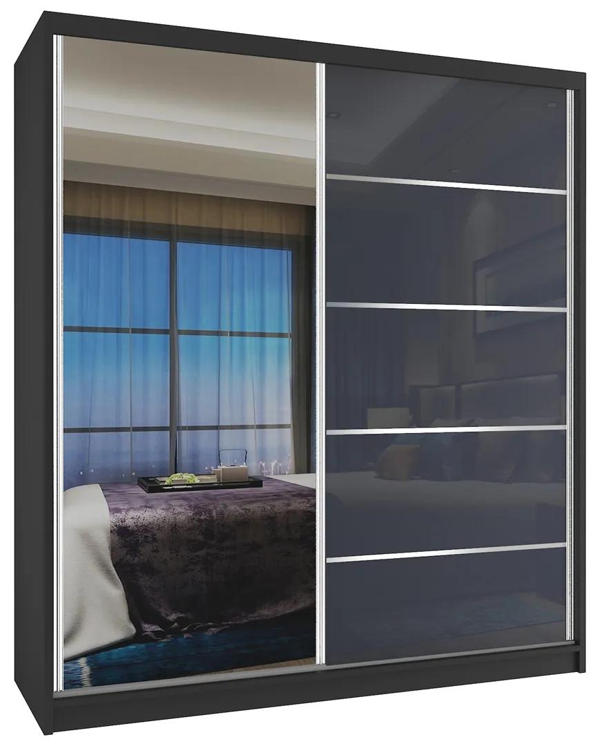 Šatníková skriňa 133 cm Belini čierny mat / šedý lesk s posuvnými dverami a zrkadlom MG SZP2/2/B/1L5S/HI