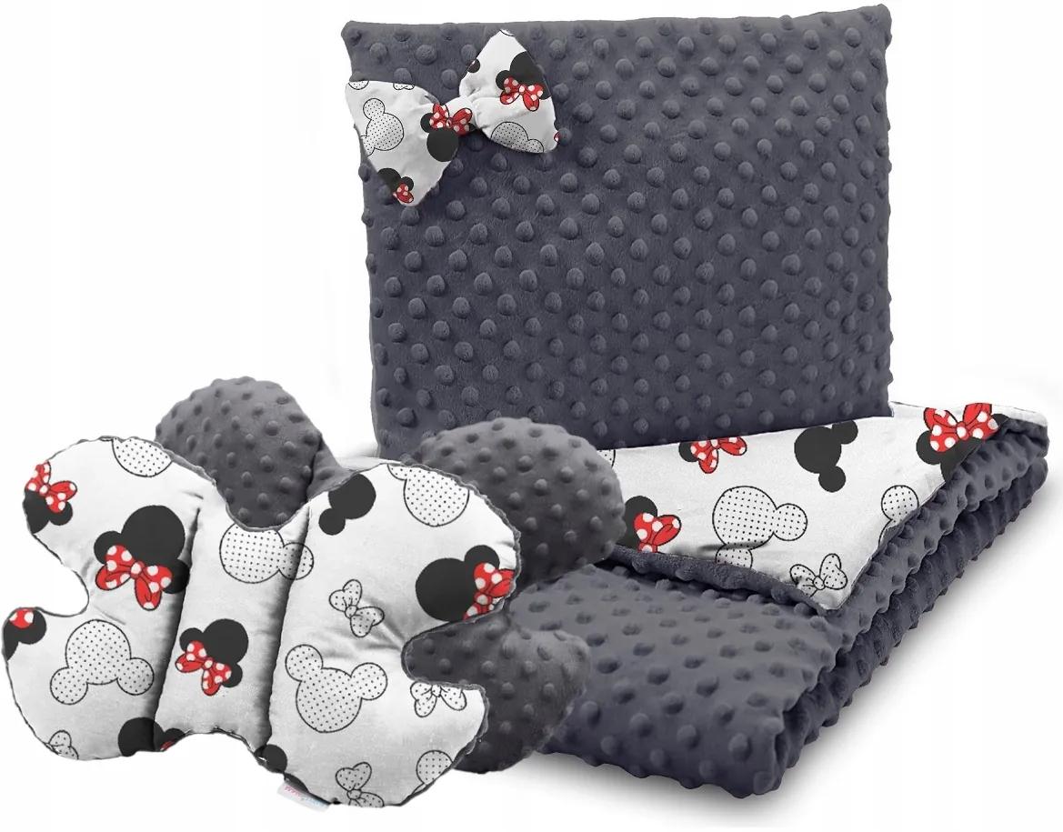 Detská deka do kočíka s vankúšikom a motýlikom - BABYMAM PREMIUM set 3v1 - Myška Minnie s grafitovou minky