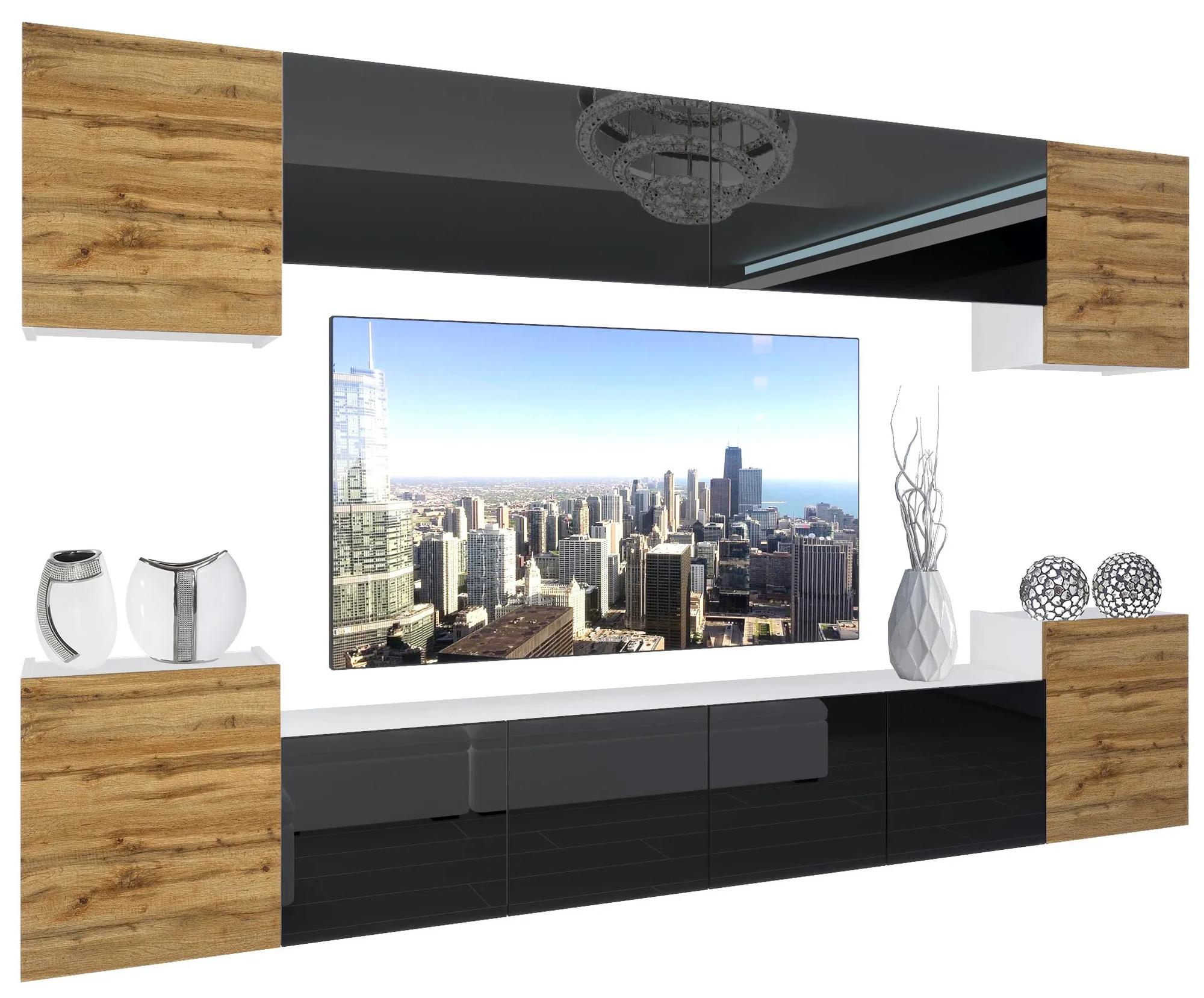 Obývacia stena Belini Premium Full Version dub wotan / čierny lesk + LED osvetlenie Nexum 68