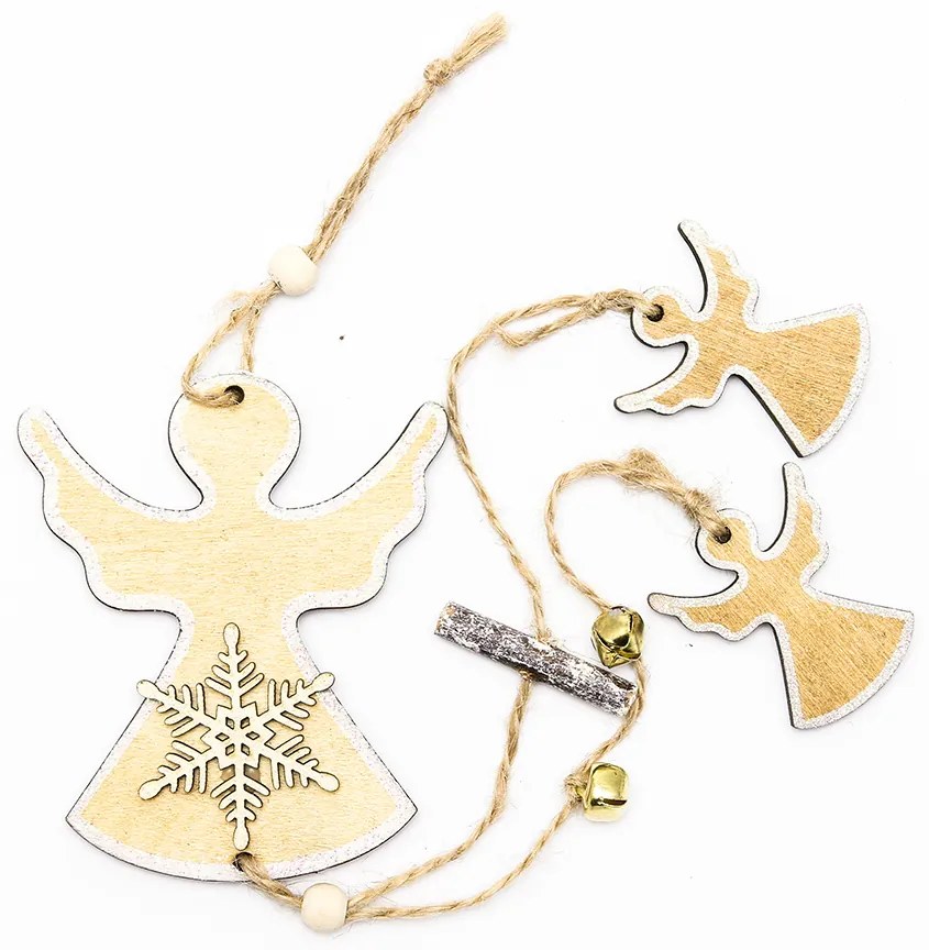 DECOLED Závesná drevená dekorácia, traja anjeli, 43 cm