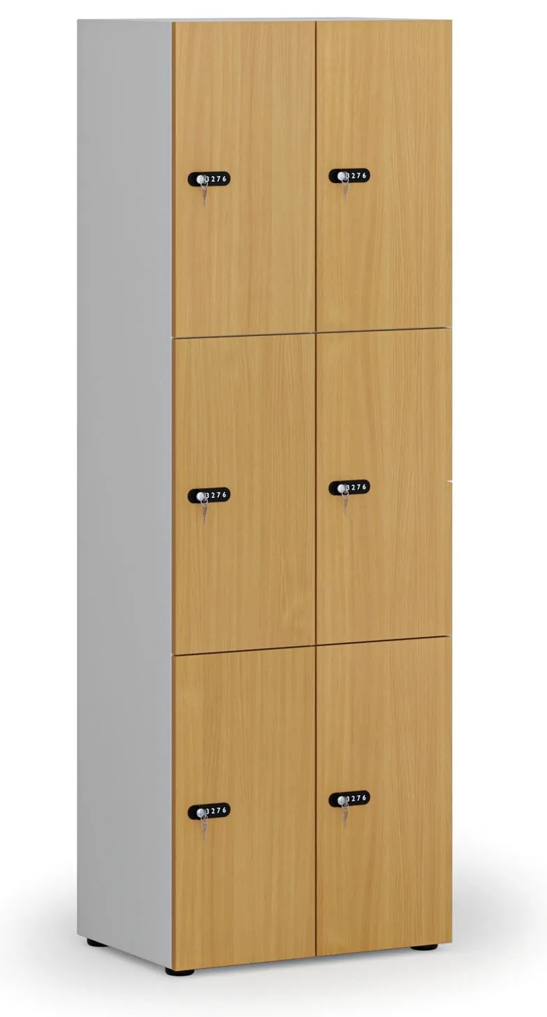 Drevená šatníková skrinka S4 s úložnými boxmi, 6 boxov, demont, mechanický kódový zámok, sivá/buk
