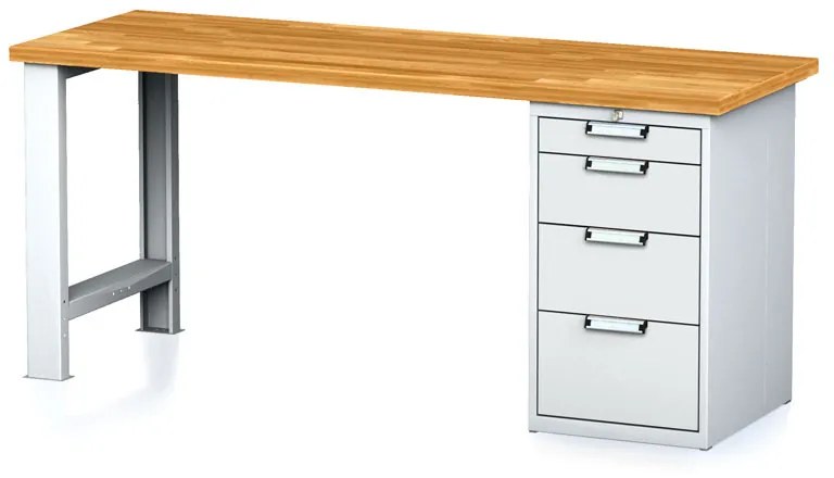 Alfa 3 Dielenský pracovný stôl MECHANIC I, pevná noha + dielenský box na náradie, 4 zásuvky, 2000 x 685 x 880 mm, sivé dvere