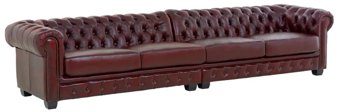 furniture-nabytek.cz - Masívna Chesterfield pohovka, pravá koža, starožitná červená – 352×100×72 cm