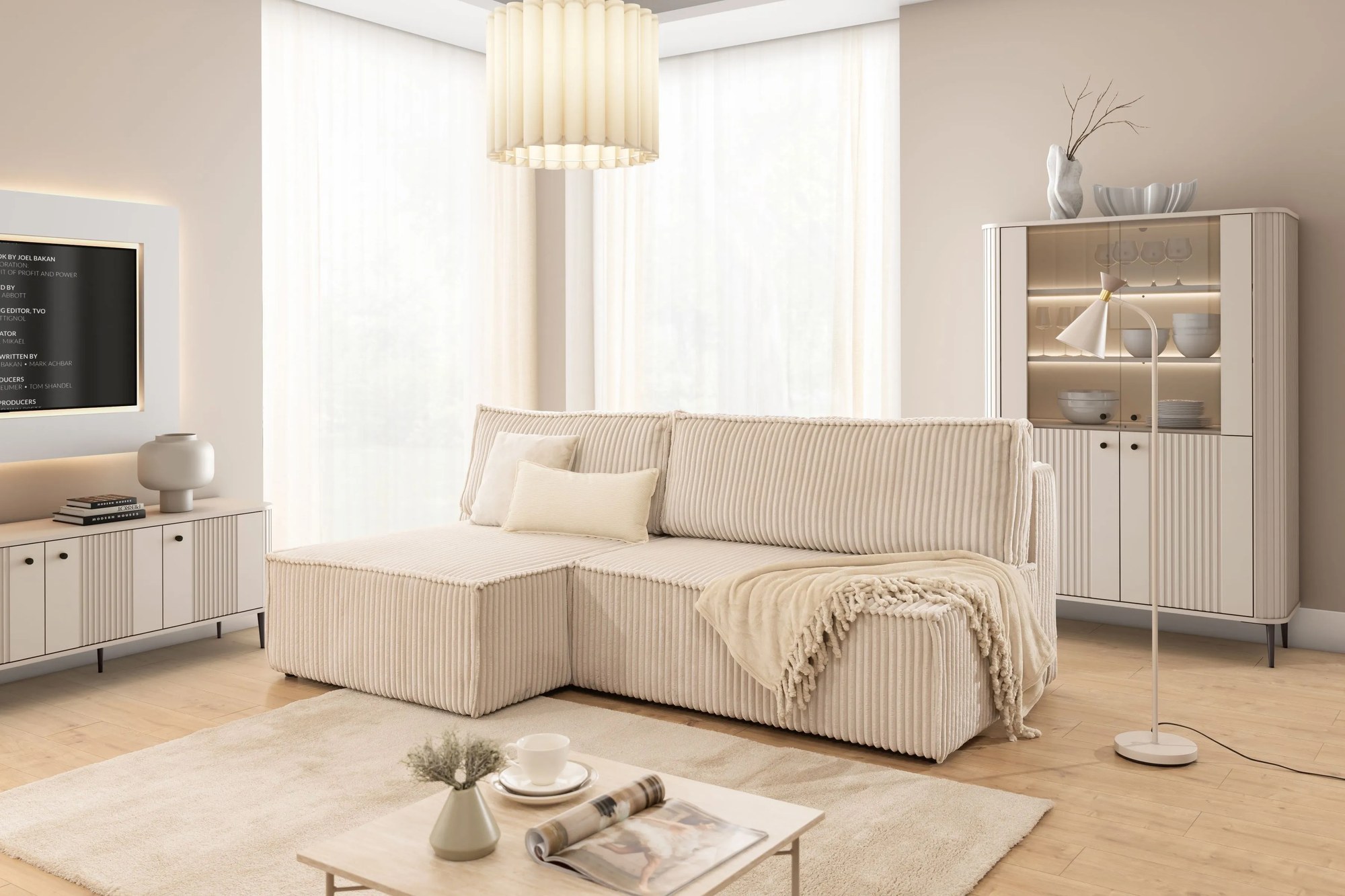 Rozkladacia rohová sedacia súprava Solvero Mini ľavá - svetlobéžový plyš Tilia 01