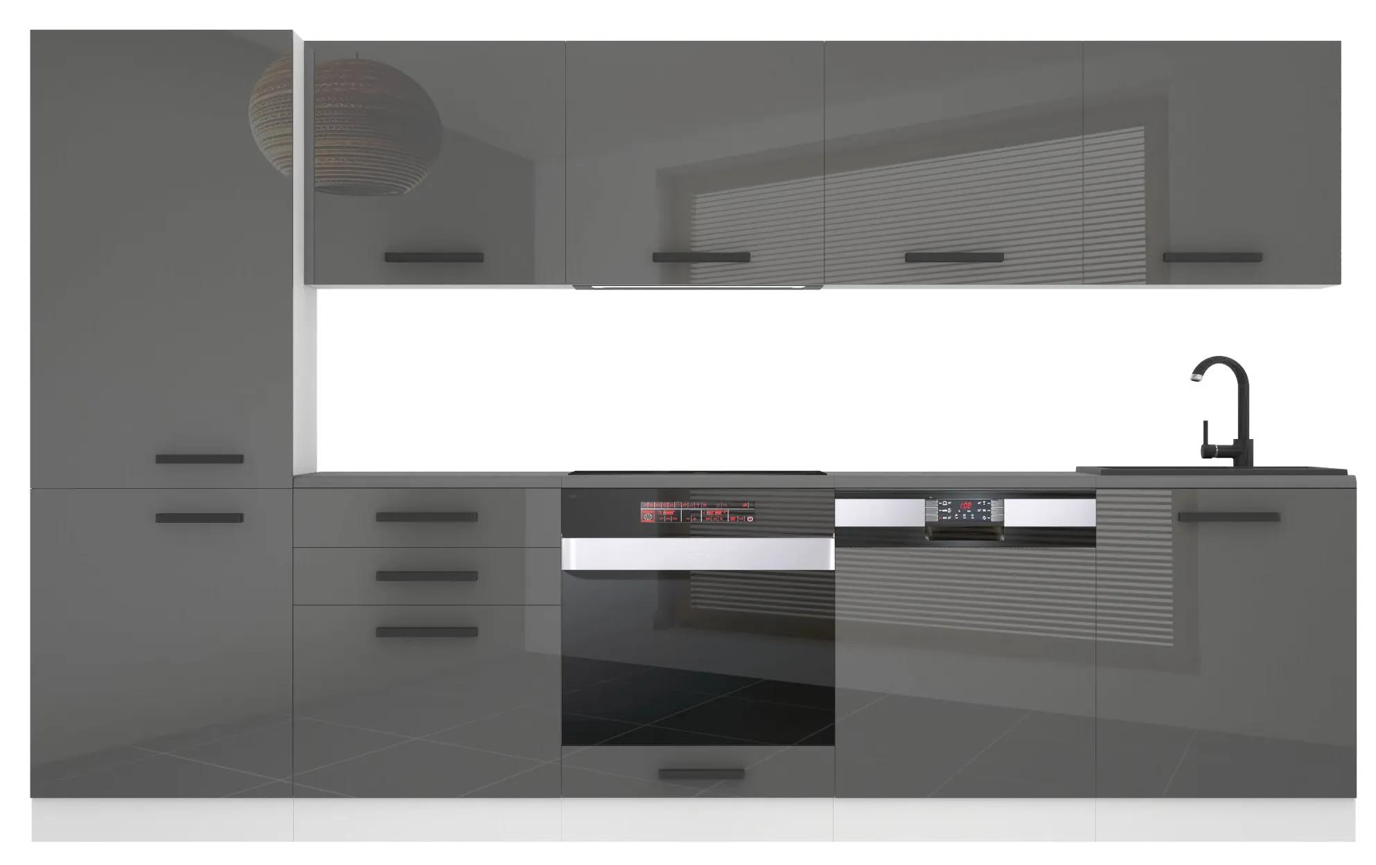 Kuchynská linka Belini Premium Full Version 300 cm šedý lesk s pracovnou doskou ROSE