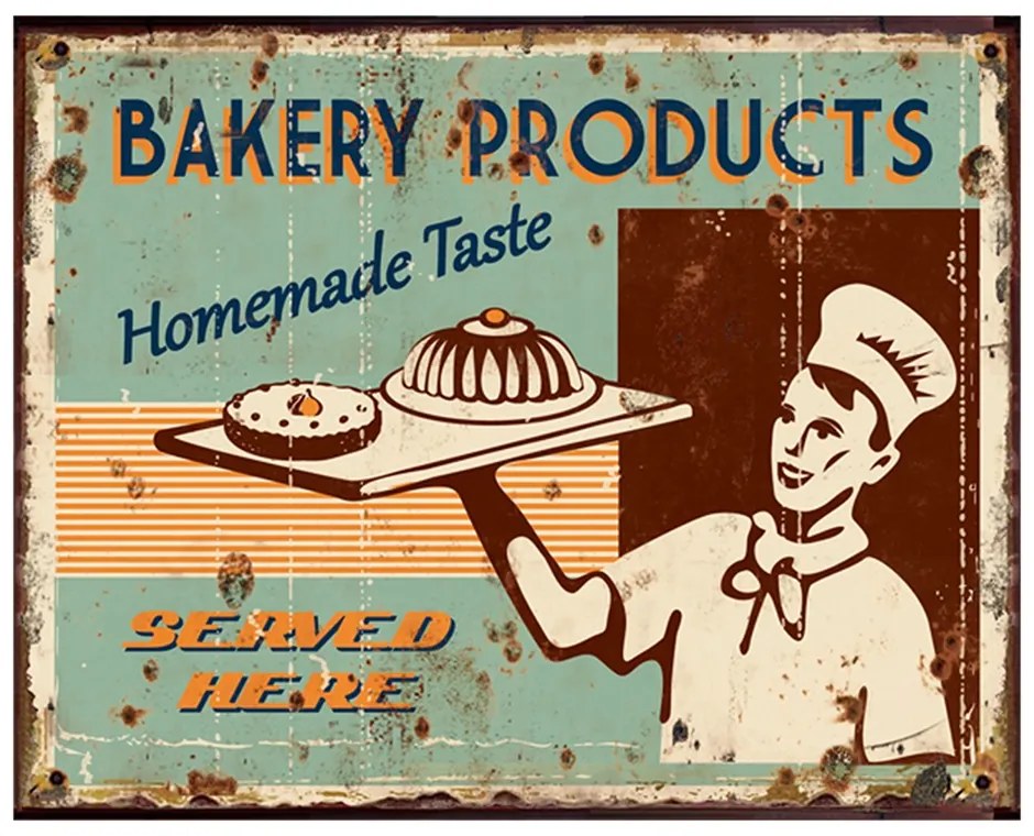 Zelená nástenná kovová ceduľa Bakery Products - 25*1*20 cm