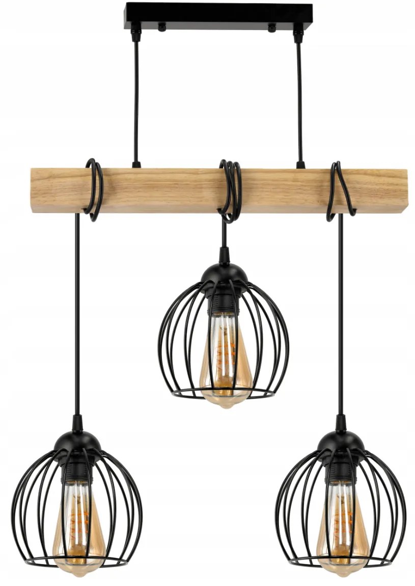 BERGE Závesné stropné svietidlo LED drevený trám 3xE27 loft drôtená guľa