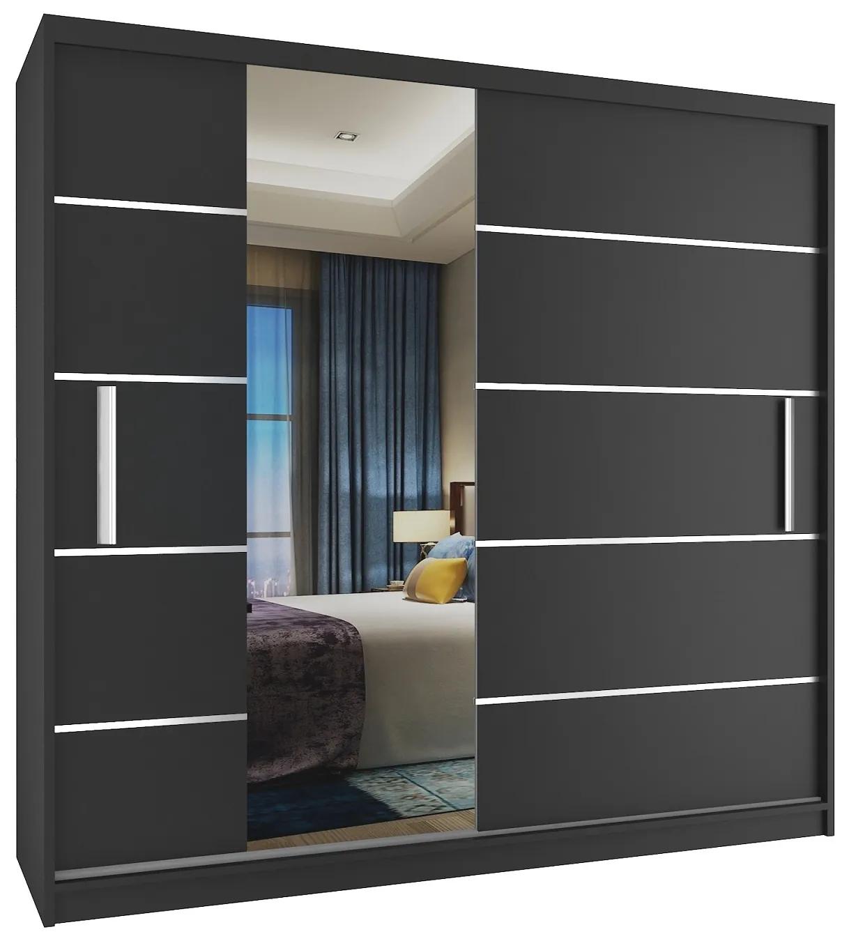 Šatníková skriňa 200 cm Belini čierny mat s posuvnými dverami a zrkadlom MBP SZP1/2/B/B/0/AL