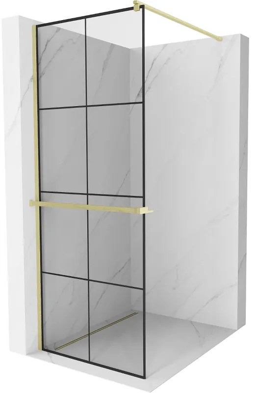 Mexen Kioto+, sprchová zástena Walk-In s poličkou a vešiakom 80 x 200 cm, 8mm číre sklo čierny vzor, zlatý matný profil, 800-080-121-55-77