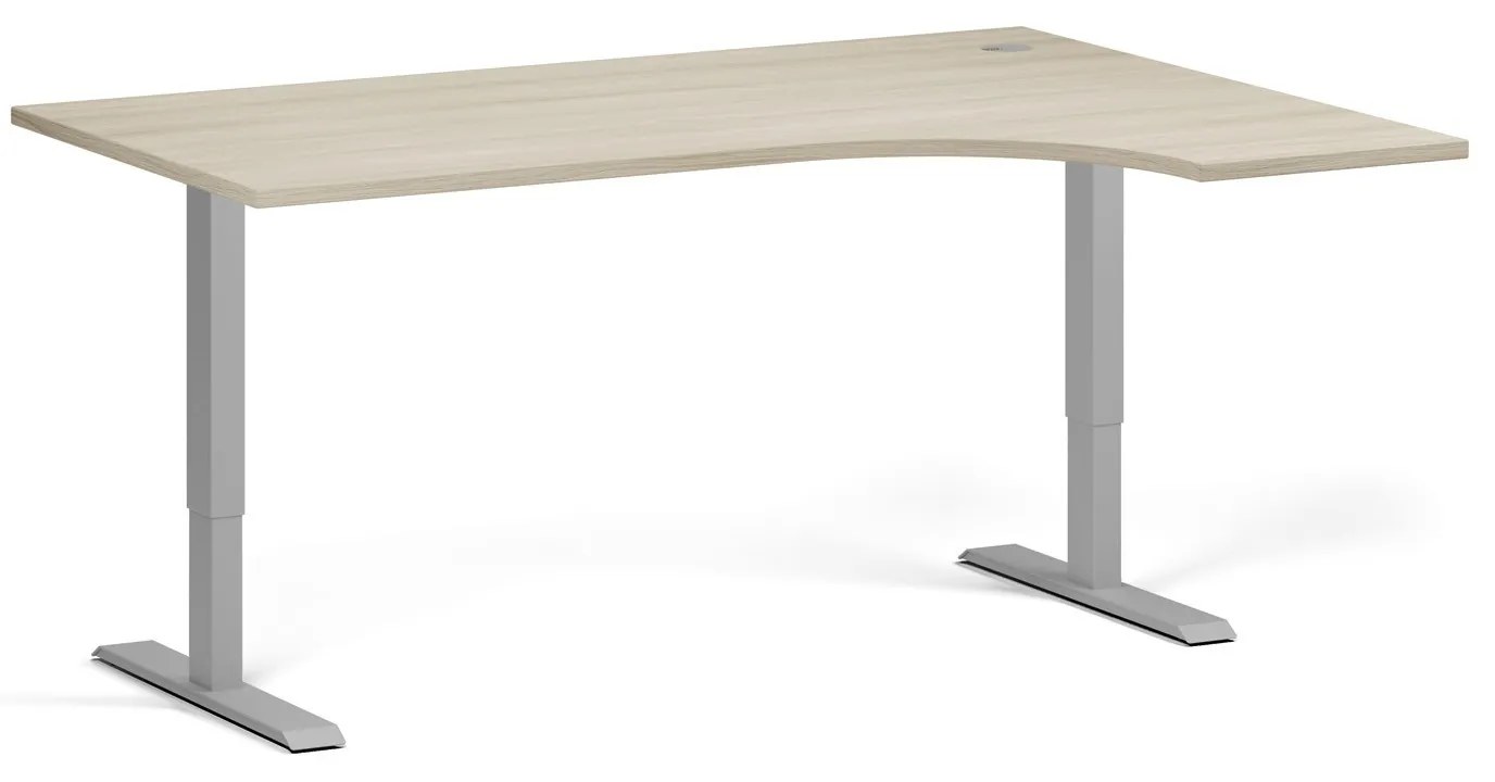 Rohový výškovo nastaviteľný stôl, 160x120 cm, 1 motor, L/P, sivá podnož, dub prírodný