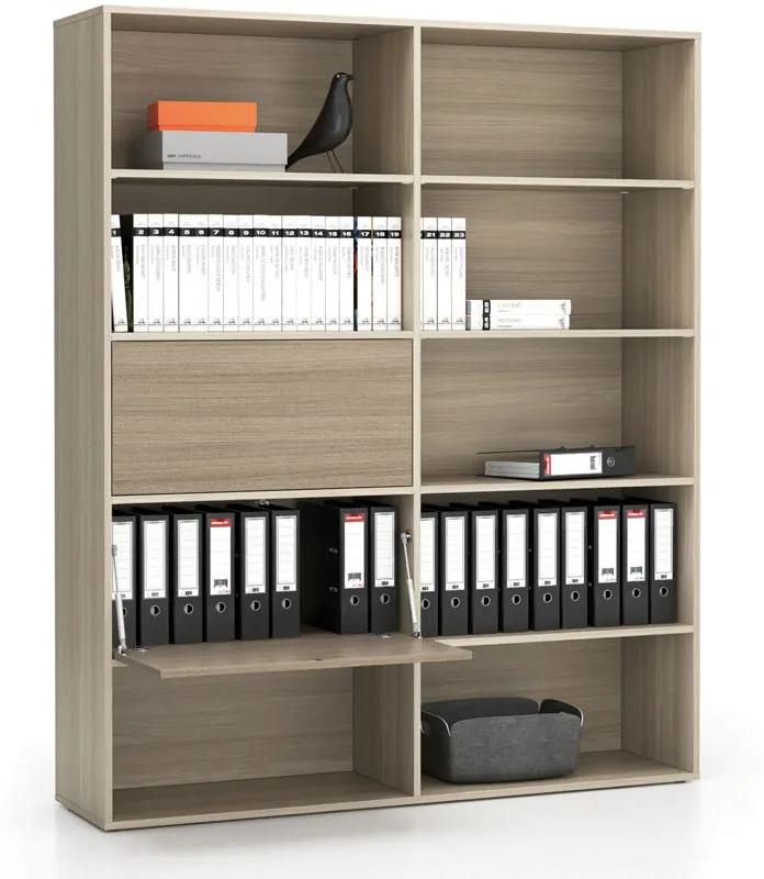 PLAN Široký kancelársky policový regál LAYERS, 2 boxy, 1582 x 400 x 1905, dub prírodný / dub morený