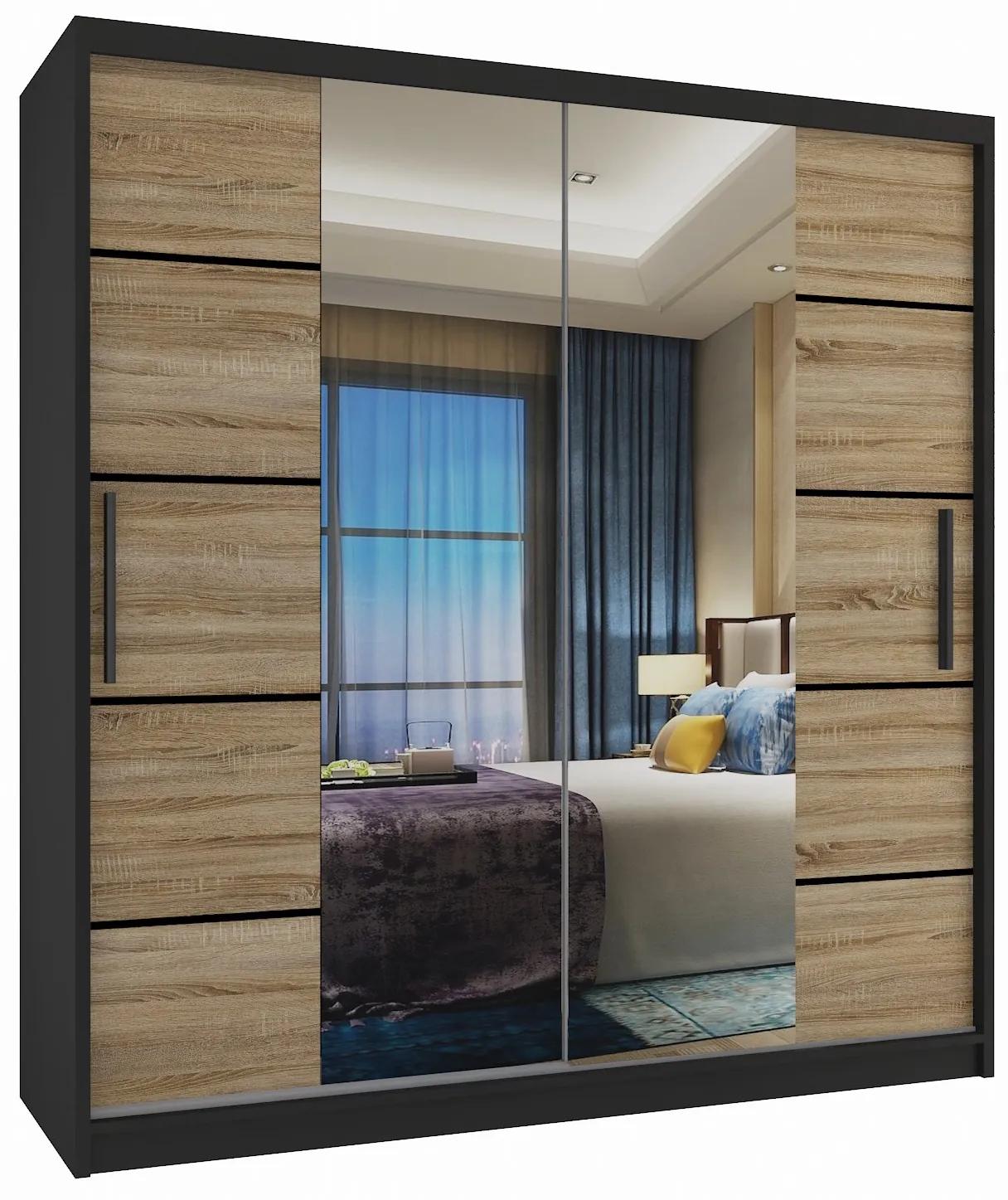 Šatníková skriňa 158 cm Belini čierny mat / dub sonoma s posunými dverami zrkadlom a zásuvkami ME SZP7/0/B/DS/0/KLP