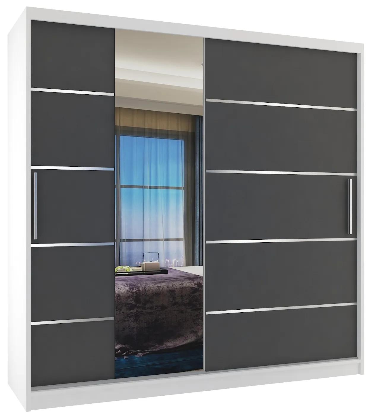 Šatníková skriňa 200 cm Belini biela mat / šedý mat s posunými dverami zrkadlom a zásuvkami  MBP SZP5/1/W/SR/0/KLAL