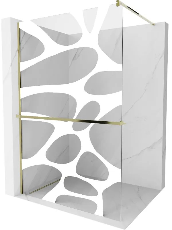 Mexen Kioto+, sprchová zástena s poličkou a držiakom na uteráky 140 x 200 cm, 8mm číre sklo vzor biely, zlatý profil 800-140-121-50-97