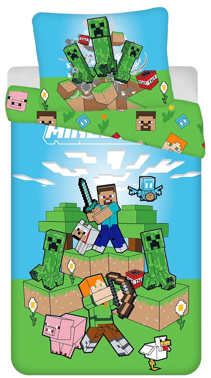 Detské obliečky Minecraft 140×200 + 70×90 cm – 100 % bavlna, obojstranné, oficiálna licencia