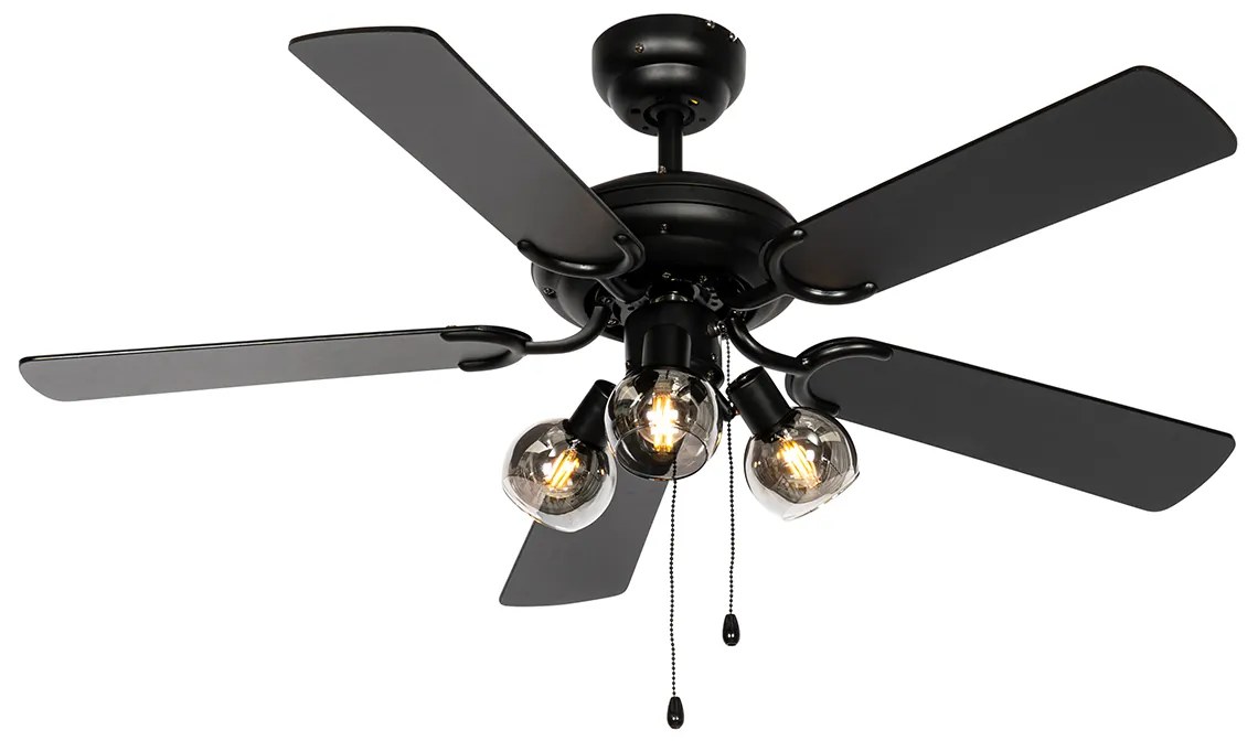 Stropný ventilátor čierny s drevenou potlačou 107,5 cm 3-svetlá s ťahovým spínačom - Mistral Vidro