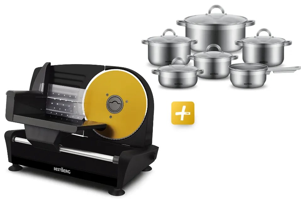 MEGAKOMBO Elektrický krájač BestBerg BBS-400B + 11dielna sada nerezových hrncov BestBerg BBSC-11