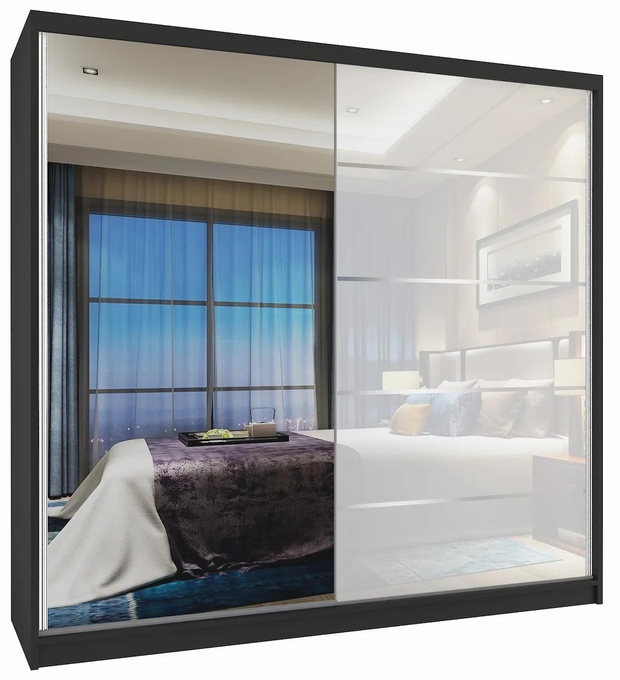 Šatníková skriňa 200 cm Belini čierny mat / biely lesk s posuvnými dverami a zrkadlom MG SZP1/2/B/1L5W/HI