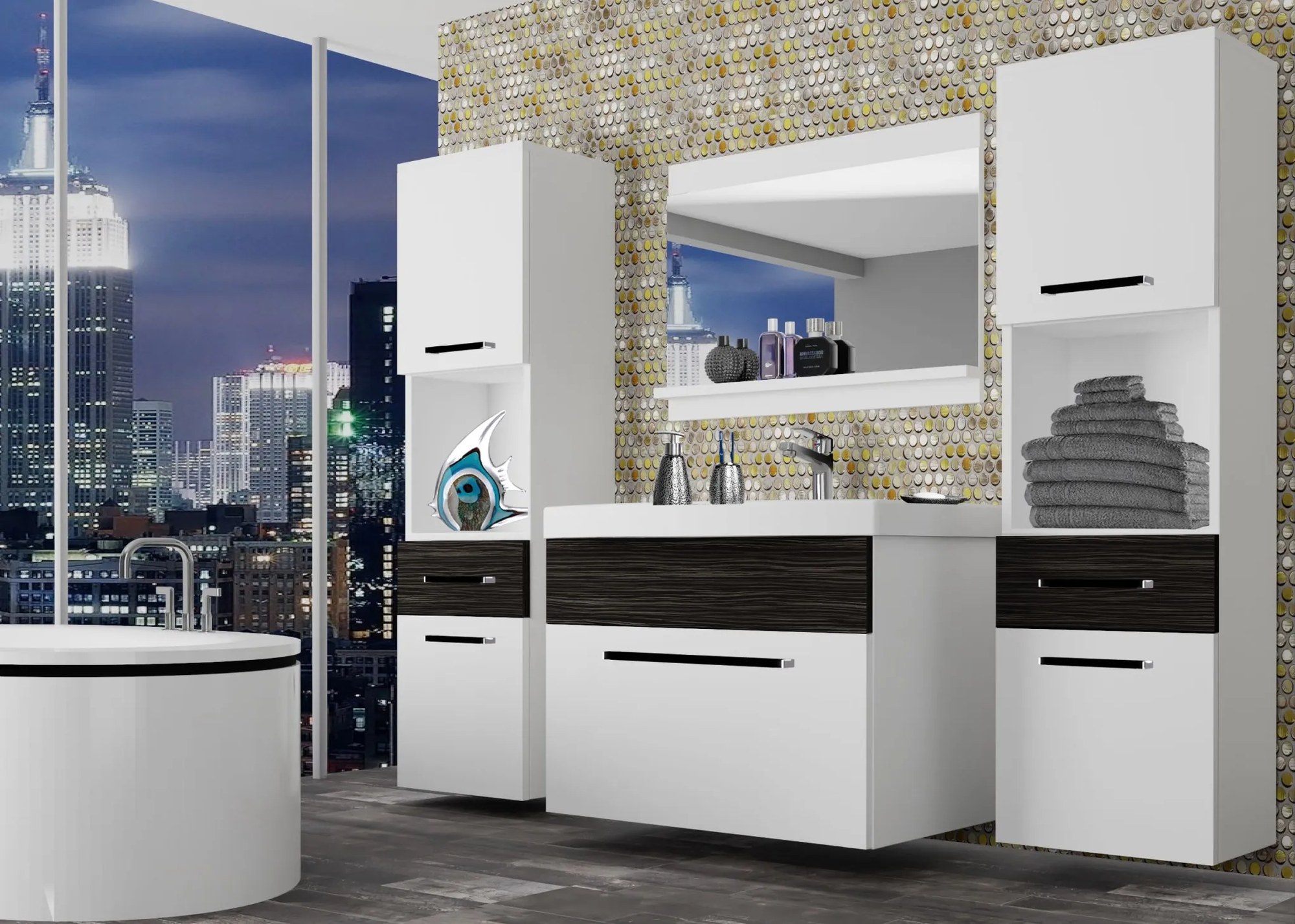 Kúpeľňový nábytok Belini biely mat / eben kráľovský + umývadlo + zrkadlo ROD M 6/0/W/WHK/0/ZW