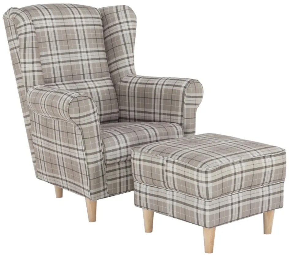 Kreslo (ušiak) s taburetkou Astrid - buk / hnedá károvaná Kreslo (ušiak) s taburetkou Astrid - buk / hnedá károvaná