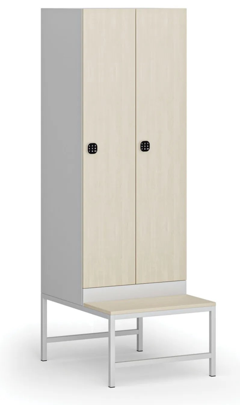 Šatníková skrinka S1 s lavičkou, 2 oddiely, 1875 x 600 x 500/800 mm, demont, kódový zámok, laminované dvere, breza