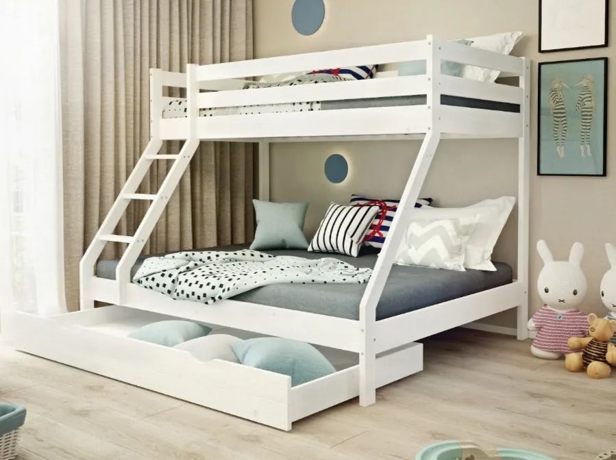 Poschodová posteľ z masívu DENIS vr. oboch roštov - 200x90/140 cm - biela