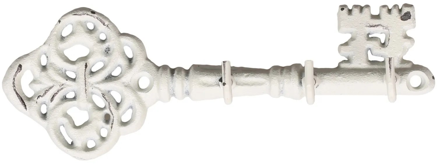 Krémový antik nástenný vešiak v tvare kľúča s 3-mi háčikmi - 19*4*6,5 cm