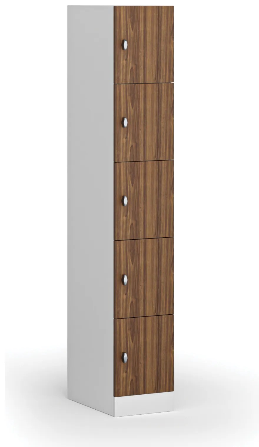 Šatníková skrinka s úložnými boxmi, 5 boxov, 1850 x 300 x 500 mm, demont, otočný zámok, laminované dvere, orech