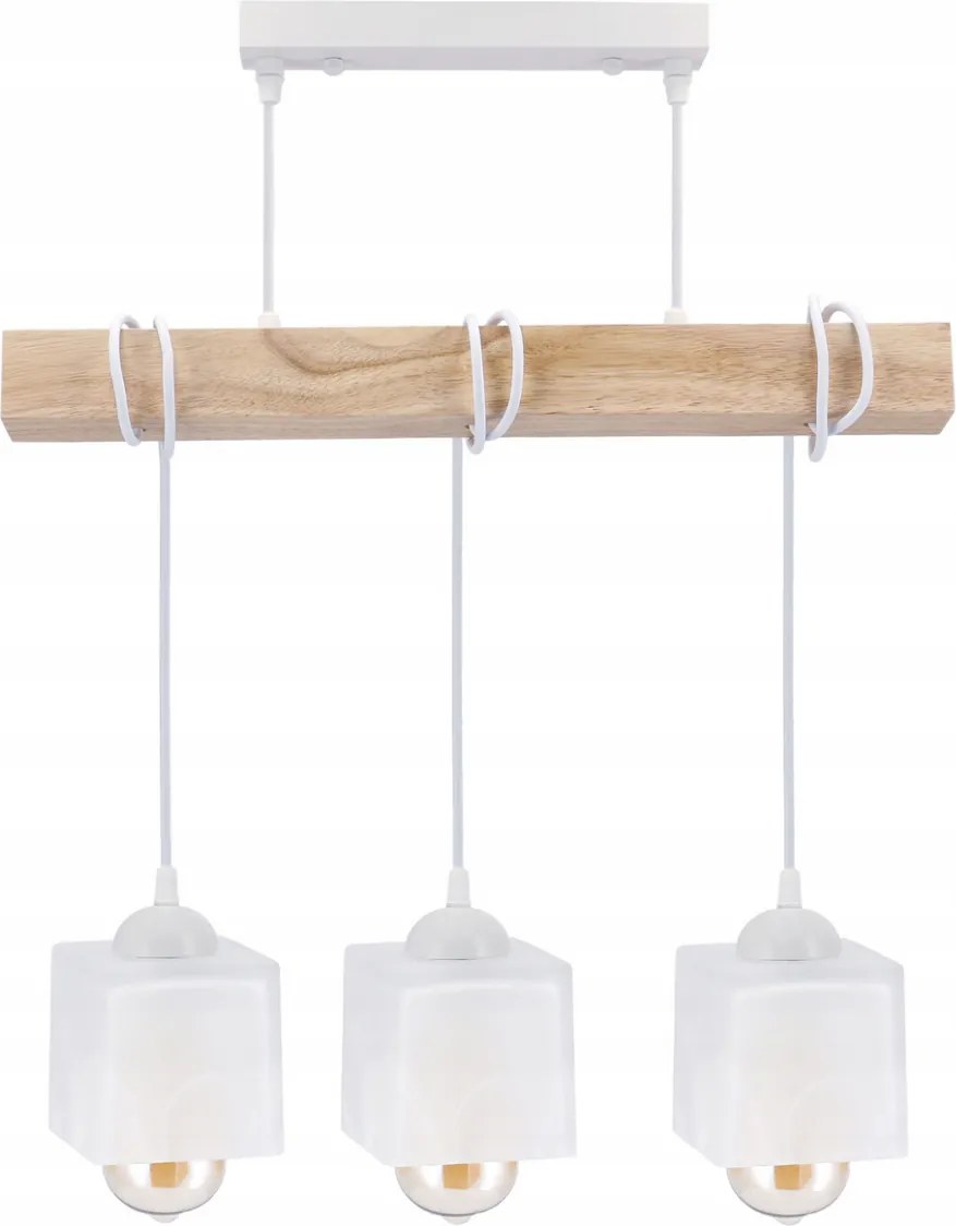 BERGE LED závesné stropné svietidlo, drevený trám, 3xE27, loft, mliečna kocka - biela