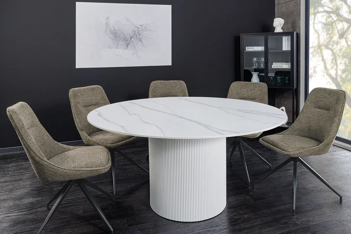 Jedálenský stôl UNIQUE 120 cm okrúhly s bielym rámom, keramickou doskou z bieleho mramoru
