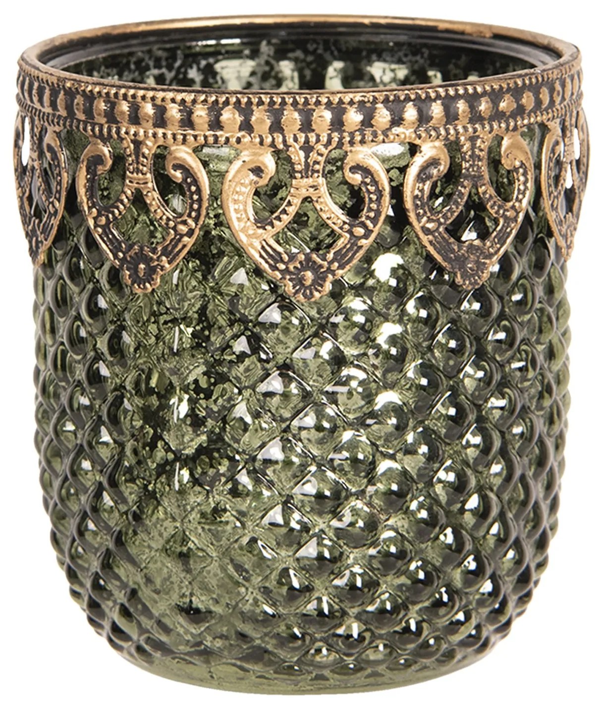 Zeleno zlatý sklenený svietnik s patinou Tealight - 8 * 9 cm
