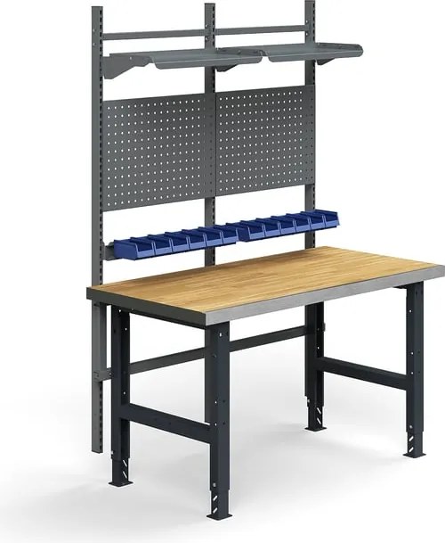 Dielenský stôl TRUST, panel na náradie, plastové boxy, police, 1500x760 mm, povrch z dubového dreva