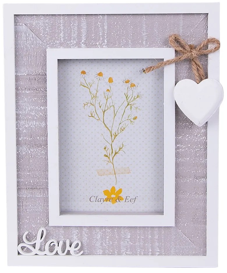 Šedý drevený fotorámik s bielou patinou a srdiečkomWoodia - 16*2*20 cm / 9*13 cm