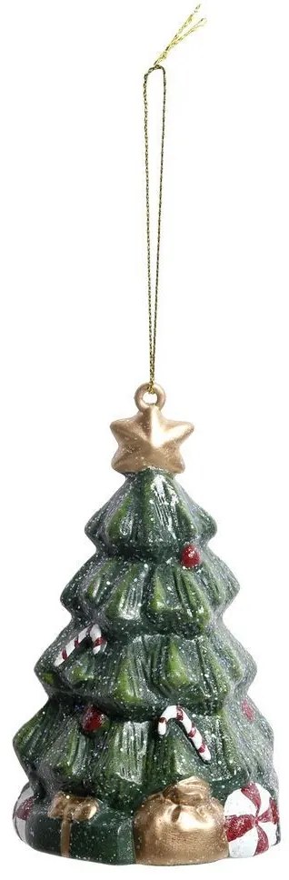 Zelená vianočná ozdoba stromček s trblietkami a darčekmi - 7*6*11 cm