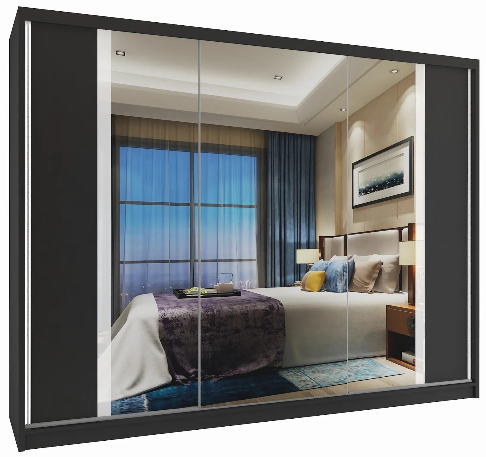 Šatníková skriňa 232 cm Belini čierny mat s posuvnými dverami a zrkadlom MV SZP4/1/1B/2B1L/W/HI