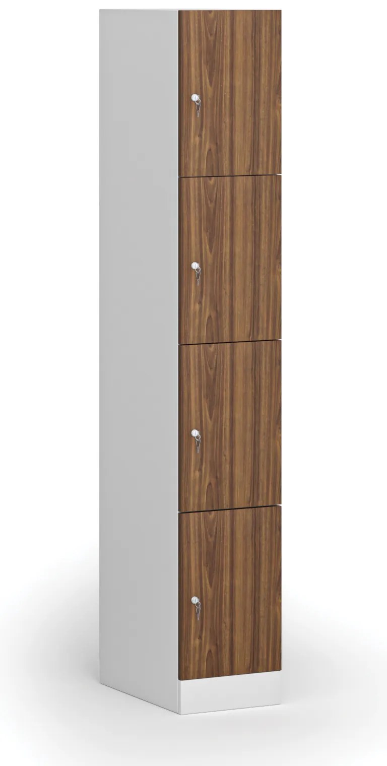 Šatníková skrinka S1 s úložnými boxmi, 4 boxy, 1850 x 300 x 500 mm, demont, cylindrický zámok, laminované dvere, orech