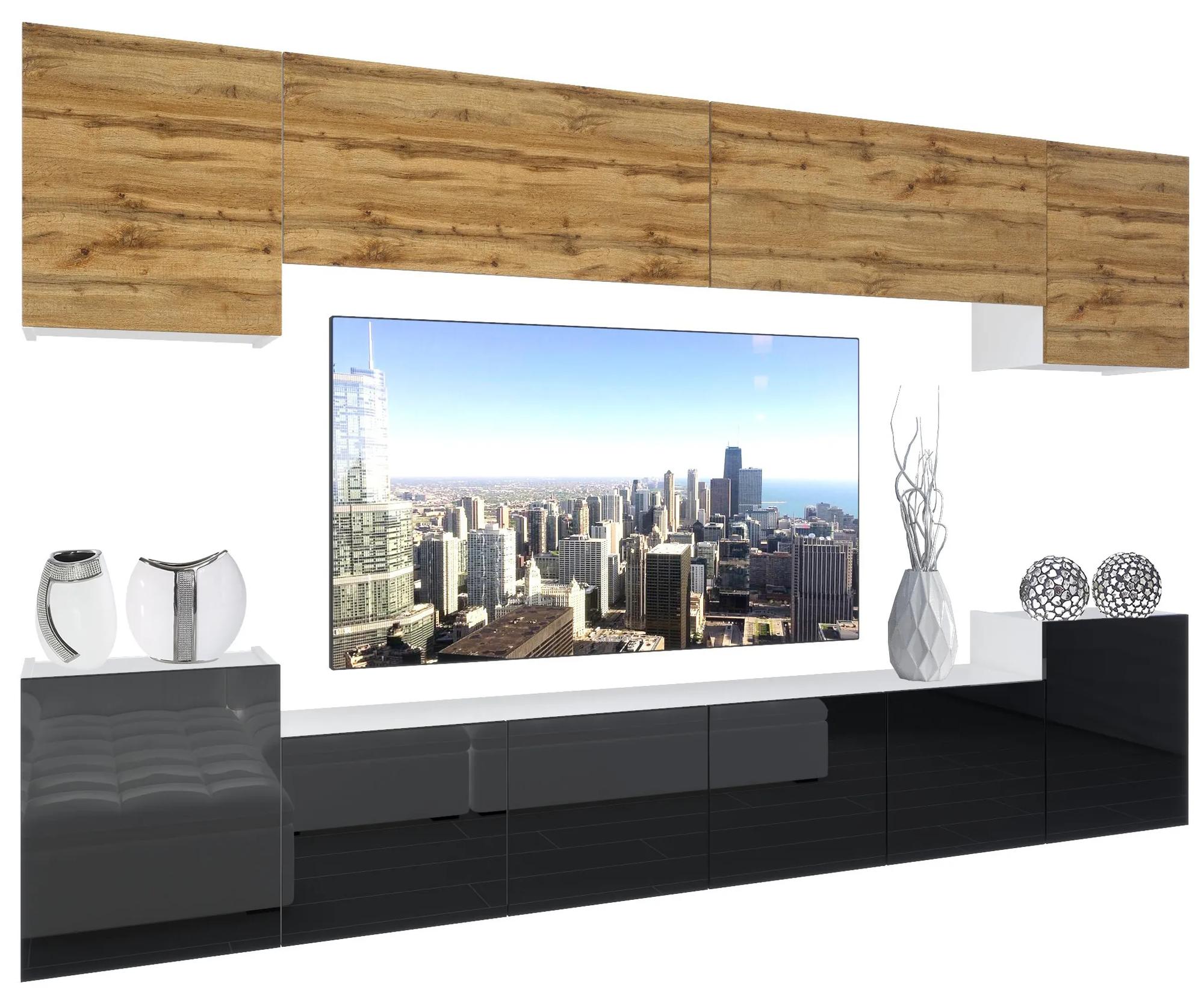 Obývacia stena Belini Premium Full Version dub wotan / čierny lesk + LED osvetlenie Nexum 66