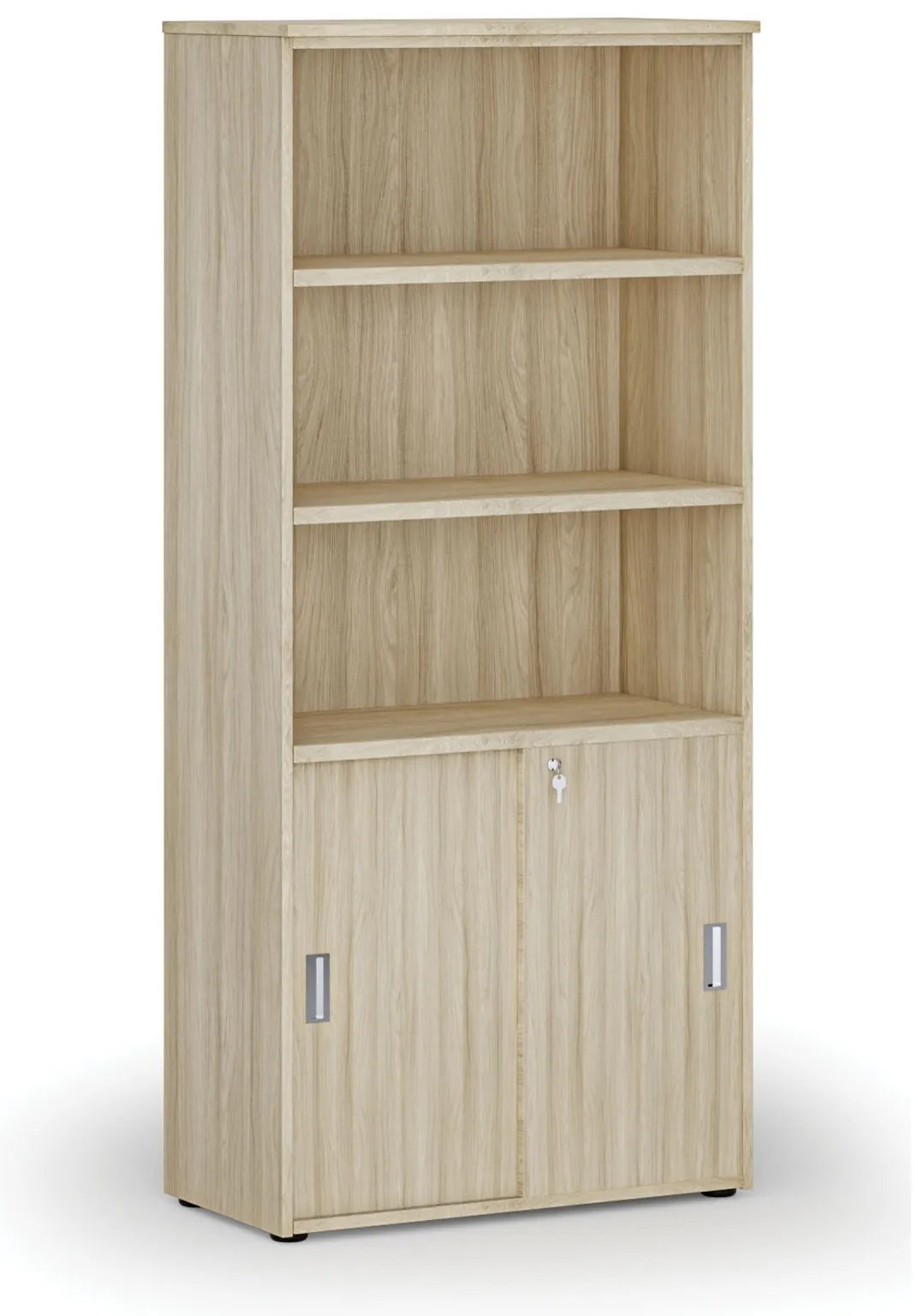 Kombinovaná kancelárska skriňa PRIMO WOOD, zasúvacie dvere na 2 poschodia, 800 x 420 x 1781 mm, dub prírodný